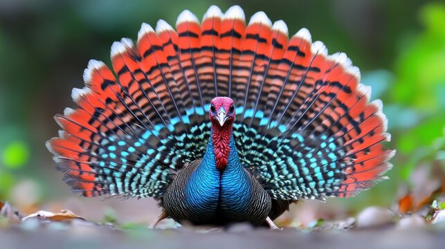 Majestic Ocellated Turkey Displays Tail Feathers in Forest