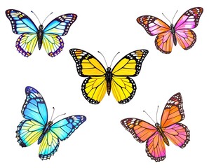 Obraz premium Playful Vivid Butterfly Quintet Isolated on White Background - Cheerful Design Elements for Children's Projects and Springtime Greeting Cards