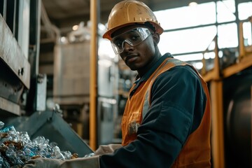 Young worker diligently sorting waste materials in a bustling eco-engineering production facility. Generative AI