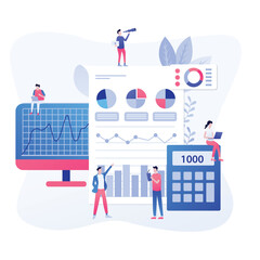 Obraz premium Team analyzing data graphs on screen, calculator; future planning