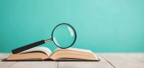 open book with magnifying glass resting on it, set against turquoise background, symbolizes research and discovery