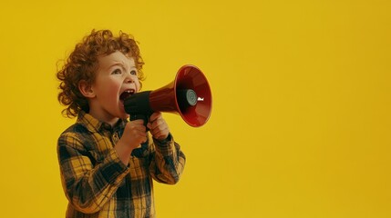 Dynamic young boy passionately shouting with a megaphone against a bright yellow background. Generative AI