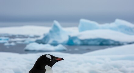 Naklejka premium Gentoo Penguin Portrait Against a Backdrop of Antarctic Icebergs Landscape
