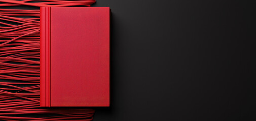 red book surrounded by tangled red wires on black background, symbolizing restrictive laws and complexities