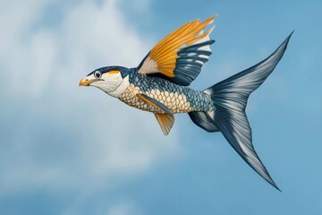Naklejka premium Unique depiction of a fish with wings soaring through a bright blue sky filled with clouds