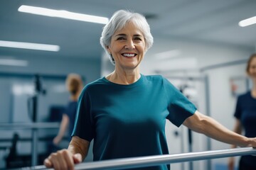 A strong and motivated senior woman walking confidently with parallel bars in the physical therapy center, smiling at the progress she has made.