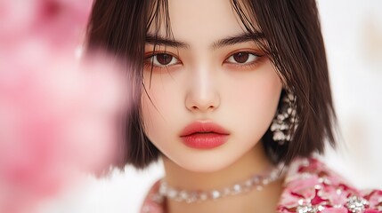 Fototapeta premium Captivating portrait of a young woman in floral setting studio photography intimate close-up
