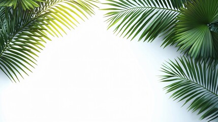 Fototapeta premium A close-up shot of tropical palm leaves on a white background, perfect for travel brochures, summer promotions, nature-themed projects, or wellness and relaxation branding.
