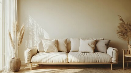 Japandi living room interior with cozy beige couch, modern minimalist design of apartment