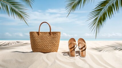 Beach vacation essentials fashionable summer sandals and woven tote bag by the shore