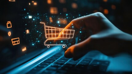 Online Shopping Concept. Hand tapping on online shopping button with cart, payment, account, shipping, feedback, home and help fading out