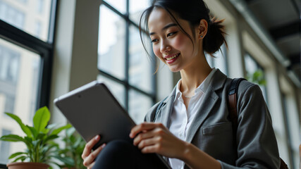 Fototapeta premium Engaging Woman Using Tablet in Modern Workspace