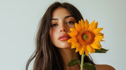 Beautiful young woman holding a sunflower on a white background