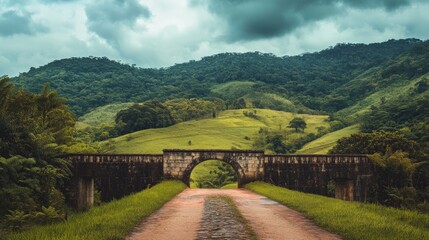 Scenic stone bridge amid lush green hills under cloudy sky