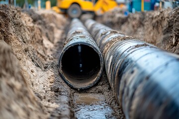 "Massive Pipeline Laid in Roadside Trench for Utility Infrastructure Development"