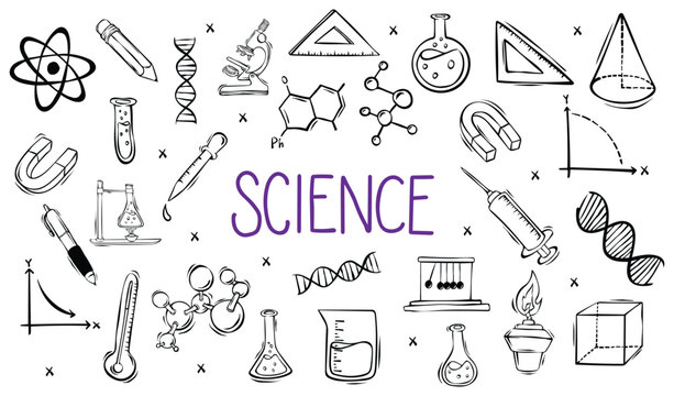 Science related illustrations and doodles over a white background
