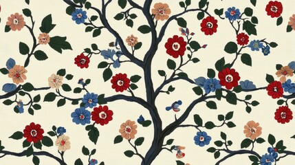 Colorful Floral Pattern with Red and Blue Flowers on a Branch Against a Light Background Creating an Elegant Textile Design