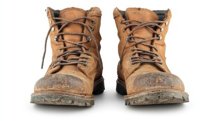 A pair of well worn, brown leather work boots with mud and dirt on the soles, photographed against a clean white background.