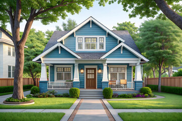 Charming Blue House with Front Porch in a Residential Neighborhood. A picturesque, light-blue, craftsman-style house with a welcoming front porch and landscaping.