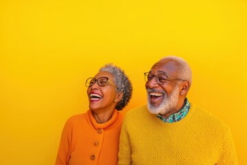 Elderly couple shares joyful laughter in stylish outfits against a vibrant yellow background with open space for your content. Generative AI