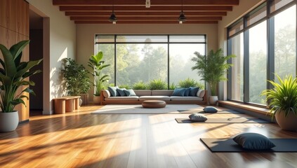 Fototapeta premium A wellness-focused office with a gym, yoga studio, and meditation room, promoting employee health and well-being