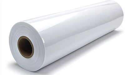 Roll of white paper or plastic film on a white background. Studio lighting enhances the smooth, cylindrical shape and bright white color. The material appears clean and unblemished.