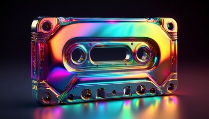 Fototapeta premium 3D chrome element in Y2K style, isolated background, liquid holographic metal. Colorful rainbow cassette tape made of a shiny, reflective material. stereo
