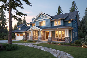 Naklejka premium Luxurious Blue House with Front Porch at Twilight. A stunning image of a beautiful, large blue house with a welcoming front porch, lit by warm evening light.