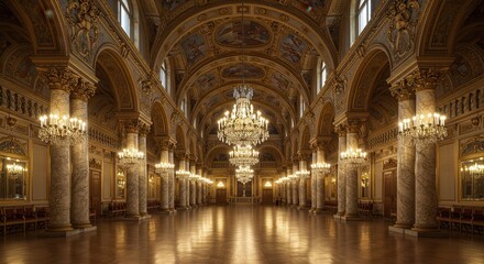 Grand Ballroom with Chandeliers and Marble Columns for Elegant Events