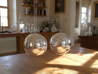 Two mirrored spheres hanging above a wooden table, reflecting a sunlit room's interior, creating a minimalist, elegant scene.