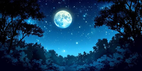 Fototapeta premium Moonlit Forest: Night Sky, Stars, and Trees Under Moonlight