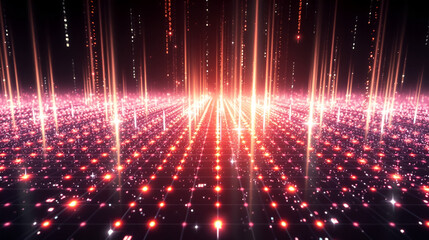 Futuristic grid like pattern of shimmering luminous light rays cascading across a dark digital environment emitting a sense of ethereal technological energy and cosmic wonder  The abstract