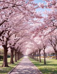 Naklejka premium A quiet park pathway lined with cherry blossom trees