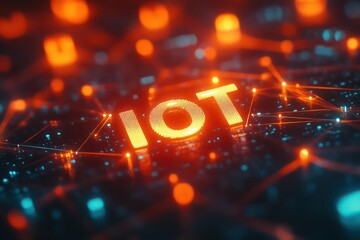 A surreal representation of the Internet of Things, with the "IOT" inscription appearing in a glowing orange network web
