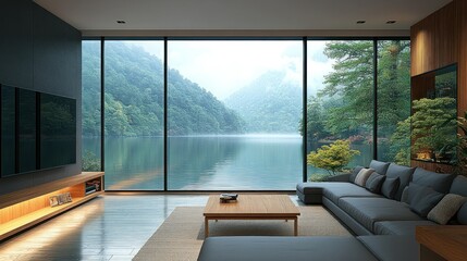 Fototapeta premium Modern lake house living room with panoramic view