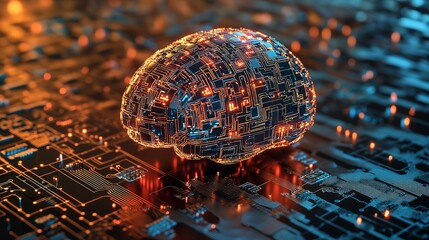 The Digital Brains Awakening A Radiant Circuit-woven Mind Emerges On A Glowing Technological Landscape, Its Intricate Pathways Pulsating With Potential