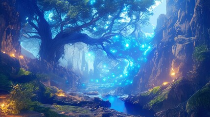 Obraz premium Enchanting Blue Grotto Mystical Forest Stream and Glowing Flora