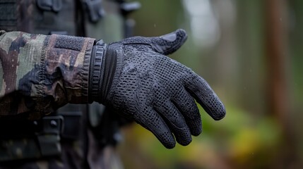 Close up of a person wearing a black textured glove, the hand is slightly open, with a blurred background of green foliage and a hint of rain. The glove appears waterproof or water resistant.