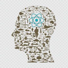 The silhouette of a human head with war and military icons.