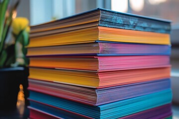 "Neatly Stacked Catalogs on a Table: Highlighting Vibrant Print Materials for Marketing"