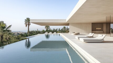 Fototapeta premium Modern villa's infinity pool overlooking coastal landscape