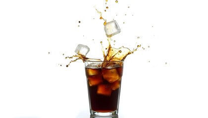 A high-speed photograph captures a glass filled with a dark liquid, likely cola, and ice cubes, with a dynamic splash effect