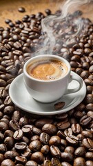 A white cup of steaming coffee placed on a saucer, surrounded by a pile of coffee beans