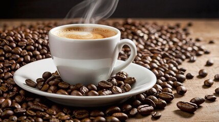 A white cup of steaming coffee placed on a saucer, surrounded by a pile of coffee beans