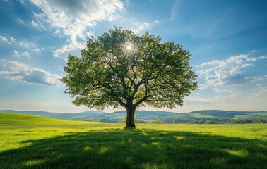 Obraz premium Lone Tree in Meadow with Sunburst Through Leaves and Blue Sky