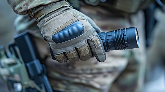 Close up of a gloved hand holding a tactical flashlight, with a camouflage uniform in the background. The image is sharp and well lit, conveying a sense of readiness and preparedness.