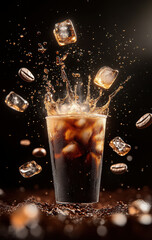 Iced espresso splash with coffee beans and ice cubes