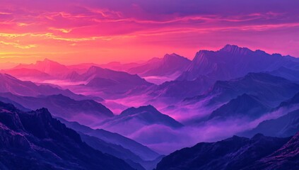 The scene of a misty mountain range at sunset is captured in a watercolor painting