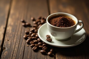 Obraz premium Coffee cups filled with roasted coffee beans on a rustic wooden table, rustic, table, earthy