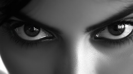 Close up grayscale image of a woman's intense eyes, showing strong eyebrows and dark lashes. High contrast lighting accentuates the details.